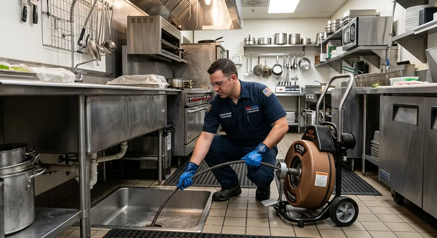 Commercial drain cleaning service in a restaurant kitchen in Malibu