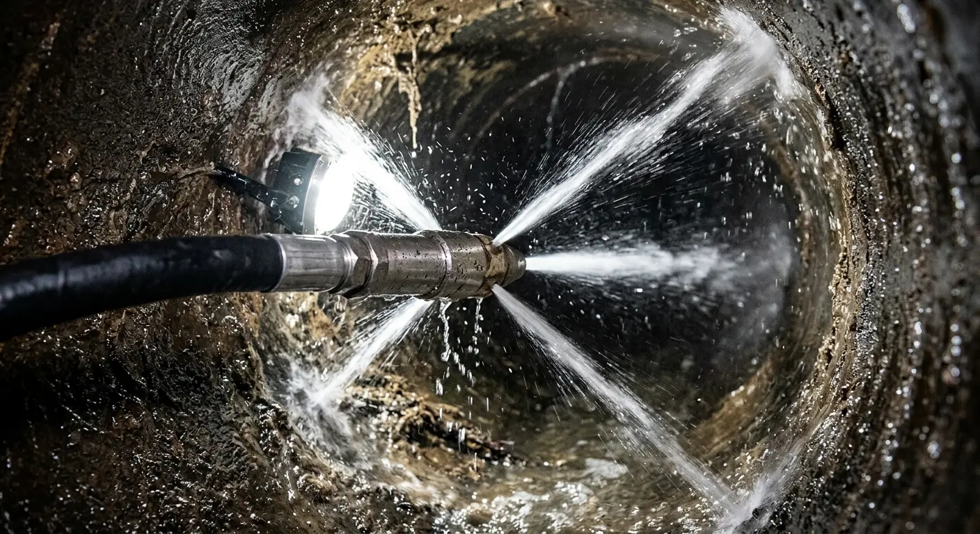 High-pressure hydro jetting nozzle cleaning sewer pipe for Storm Drain Cleaning in Malibu