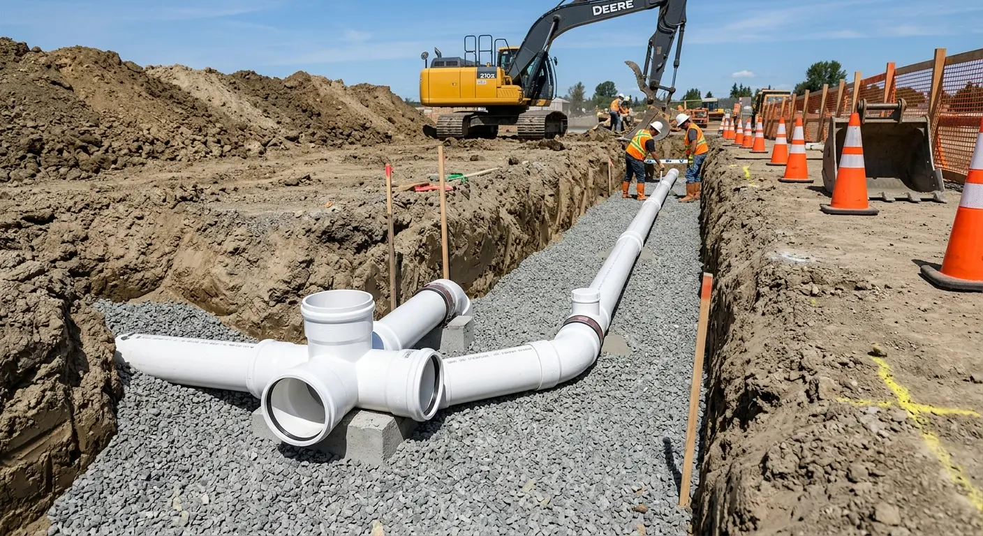 New PVC sewer pipe installation in open trench for Commercial Drain Cleaning in Malibu