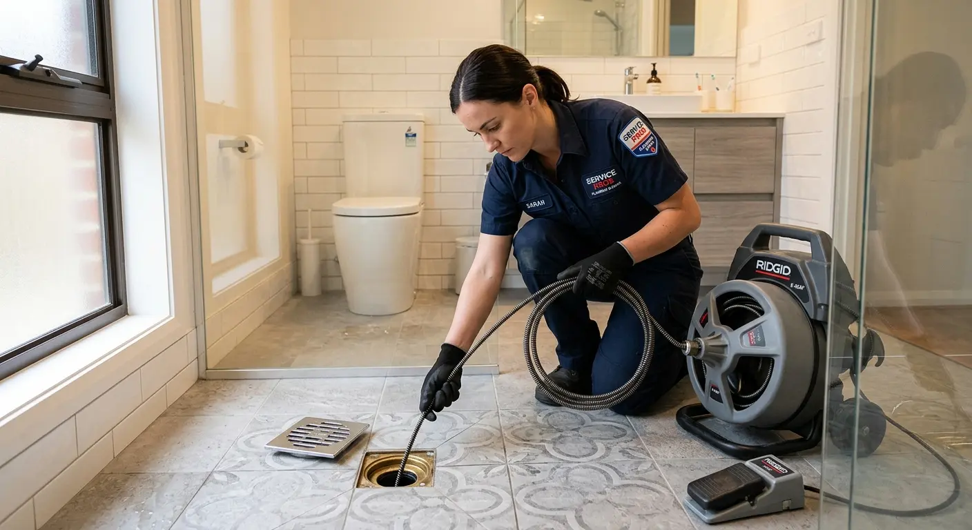 Technician clearing a bathroom floor drain for Drain Repair in Malibu